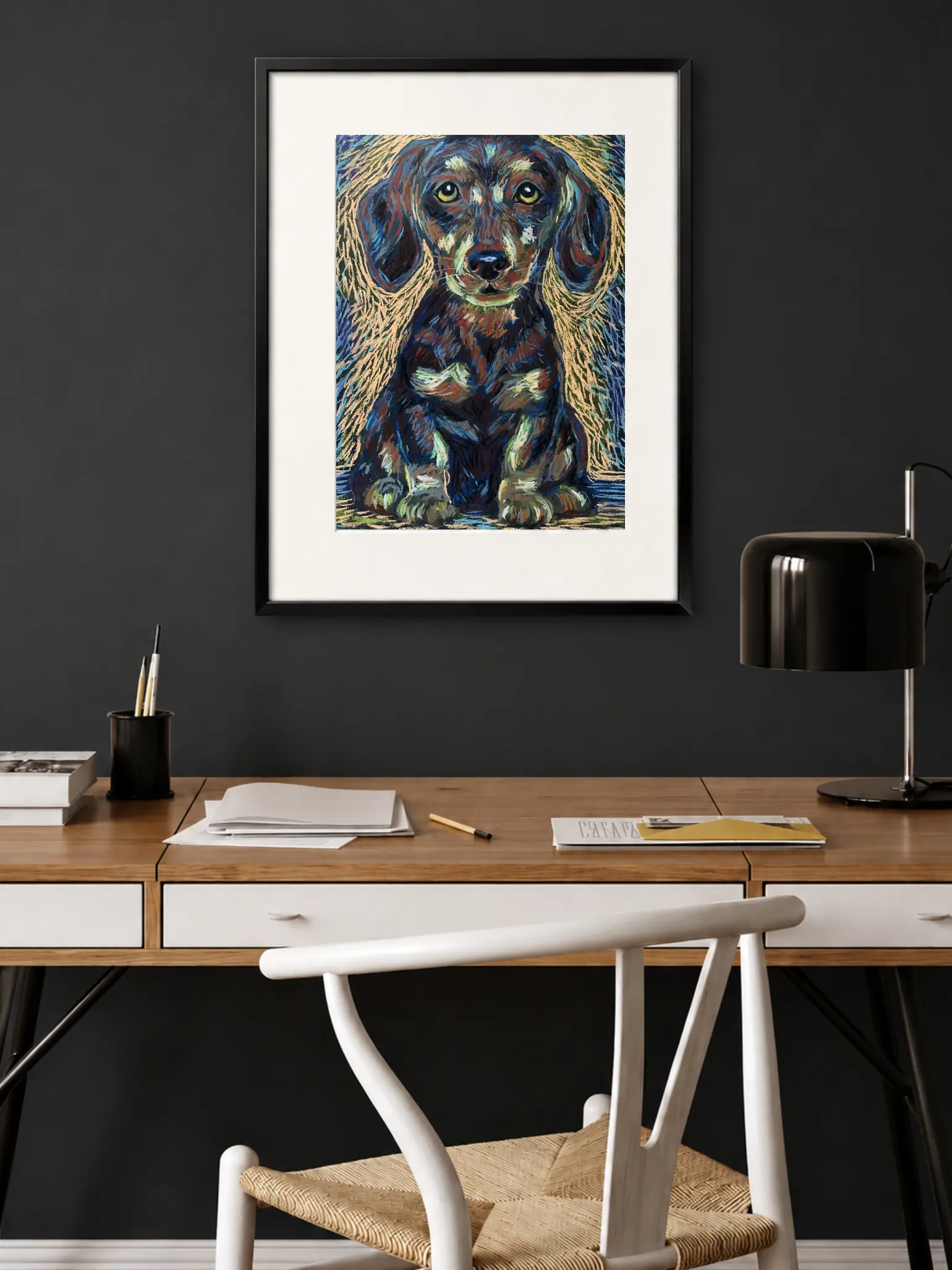 An original expressionist soft pastel painting by Savchenko of a dachshund puppy portrait, featuring bold purple, brown, and green textured strokes against a solid green background.