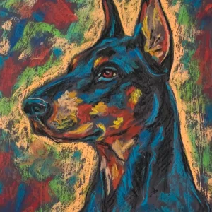An original expressionist doberman portrait painting in soft pastel, depicting a majestic dog in profile with vibrant blue, red, and yellow strokes.