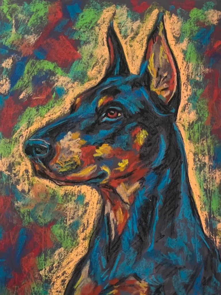 An original expressionist doberman portrait painting in soft pastel, depicting a majestic dog in profile with vibrant blue, red, and yellow strokes.