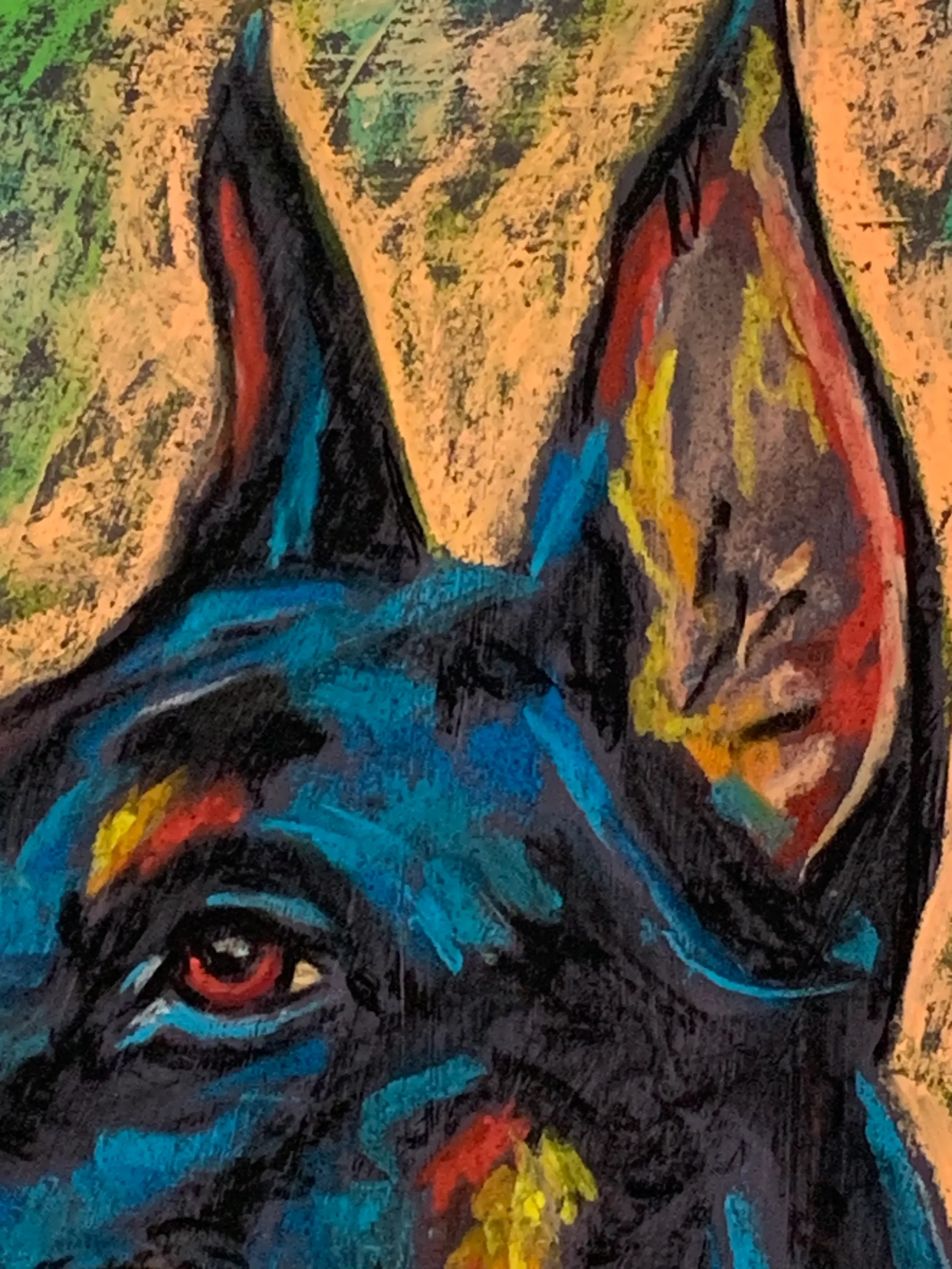 An original expressionist doberman portrait painting in soft pastel, depicting a majestic dog in profile with vibrant blue, red, and yellow strokes.