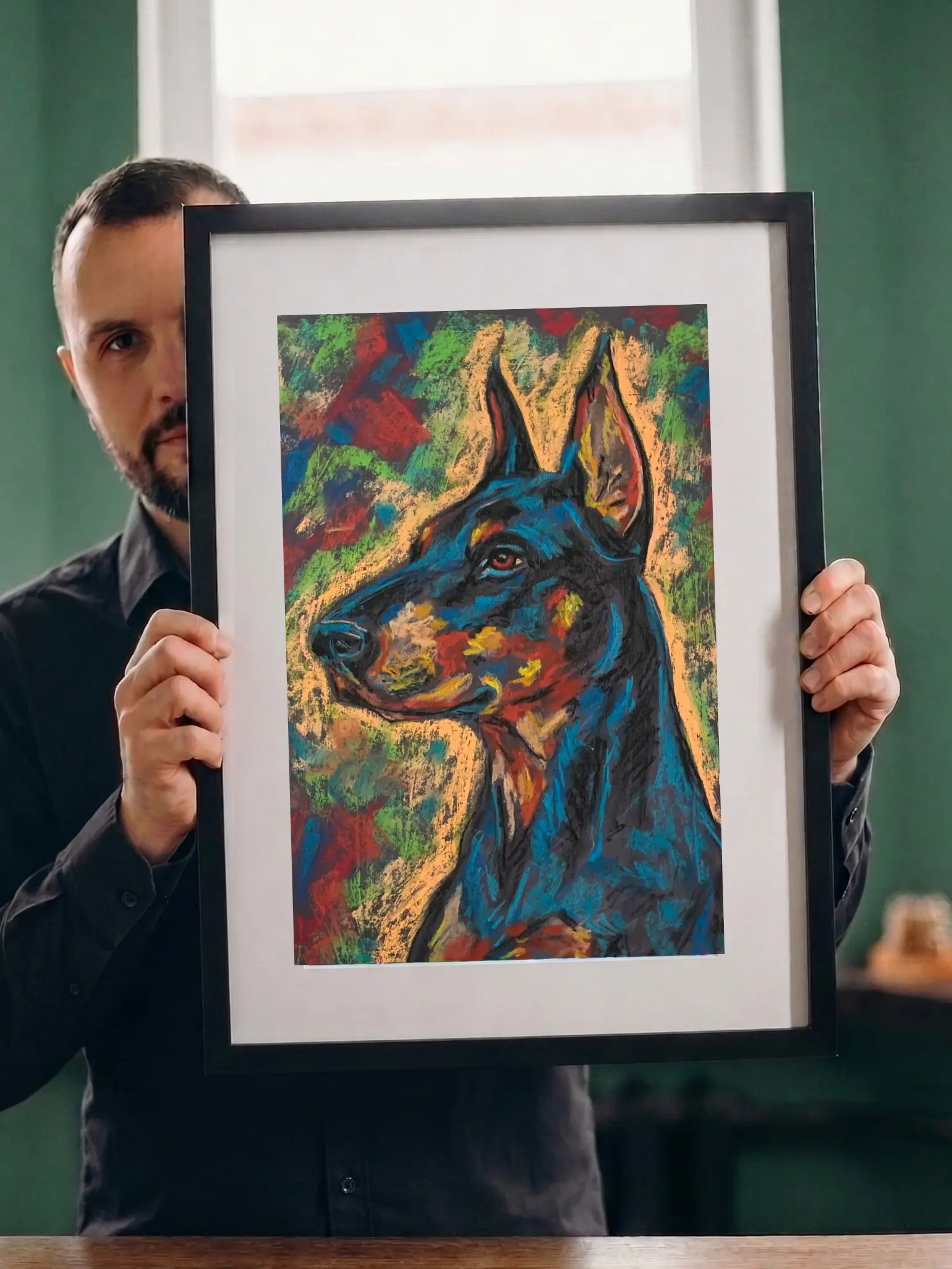 An original expressionist doberman portrait painting in soft pastel, depicting a majestic dog in profile with vibrant blue, red, and yellow strokes.