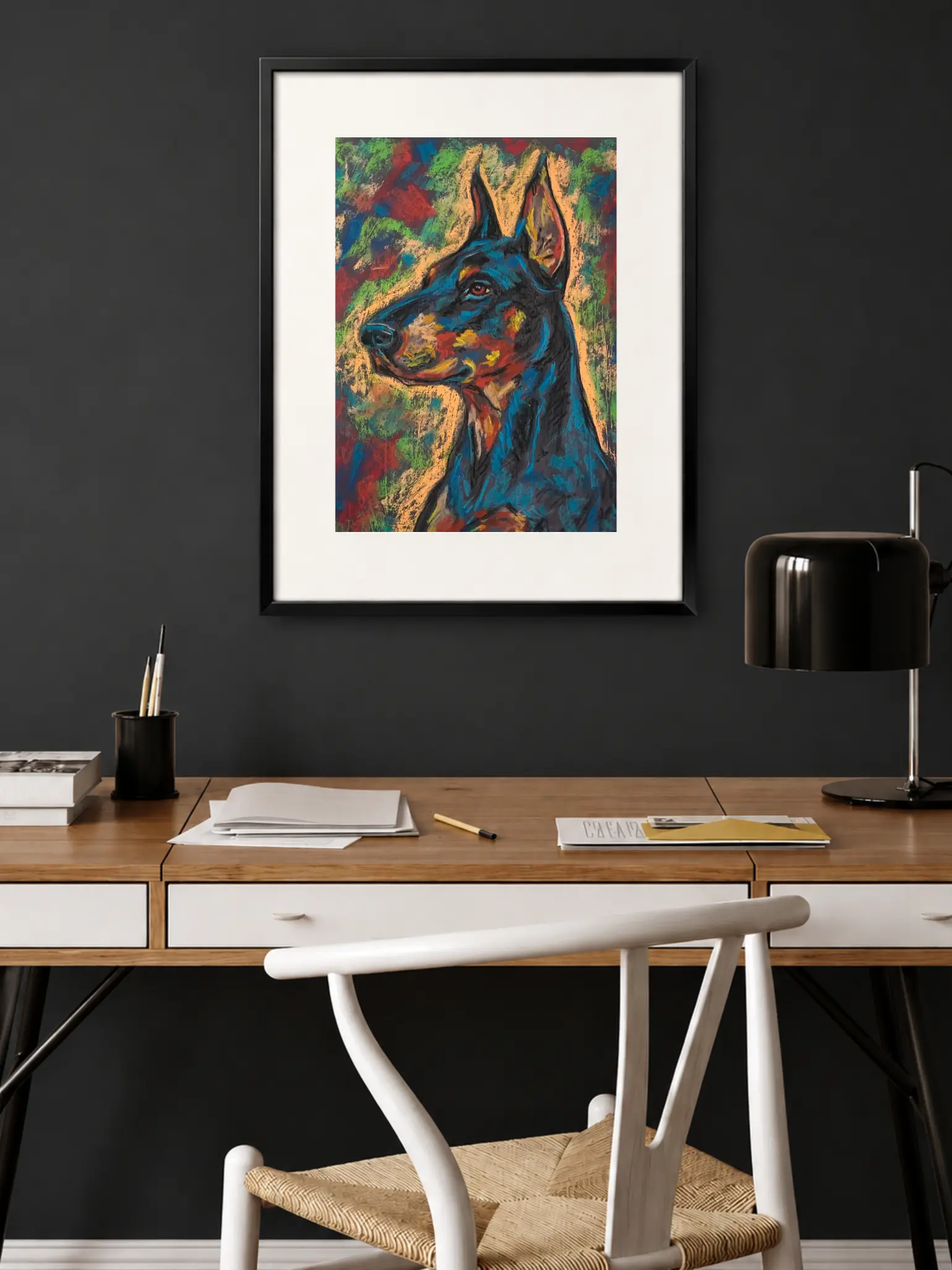 An original expressionist doberman portrait painting in soft pastel, depicting a majestic dog in profile with vibrant blue, red, and yellow strokes.