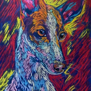 An original expressionist dog portrait painting in soft pastel by Savchenko, showcasing a slender dog with large ears in orange and blue tones against a fiery red and yellow background.