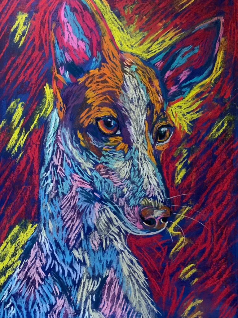 An original expressionist dog portrait painting in soft pastel by Savchenko, showcasing a slender dog with large ears in orange and blue tones against a fiery red and yellow background.
