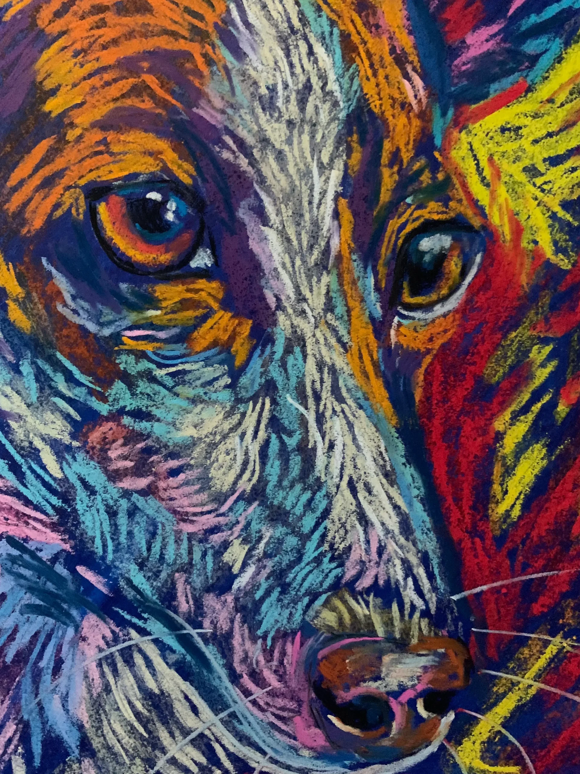 An original expressionist dog portrait painting in soft pastel by Savchenko, showcasing a slender dog with large ears in orange and blue tones against a fiery red and yellow background.