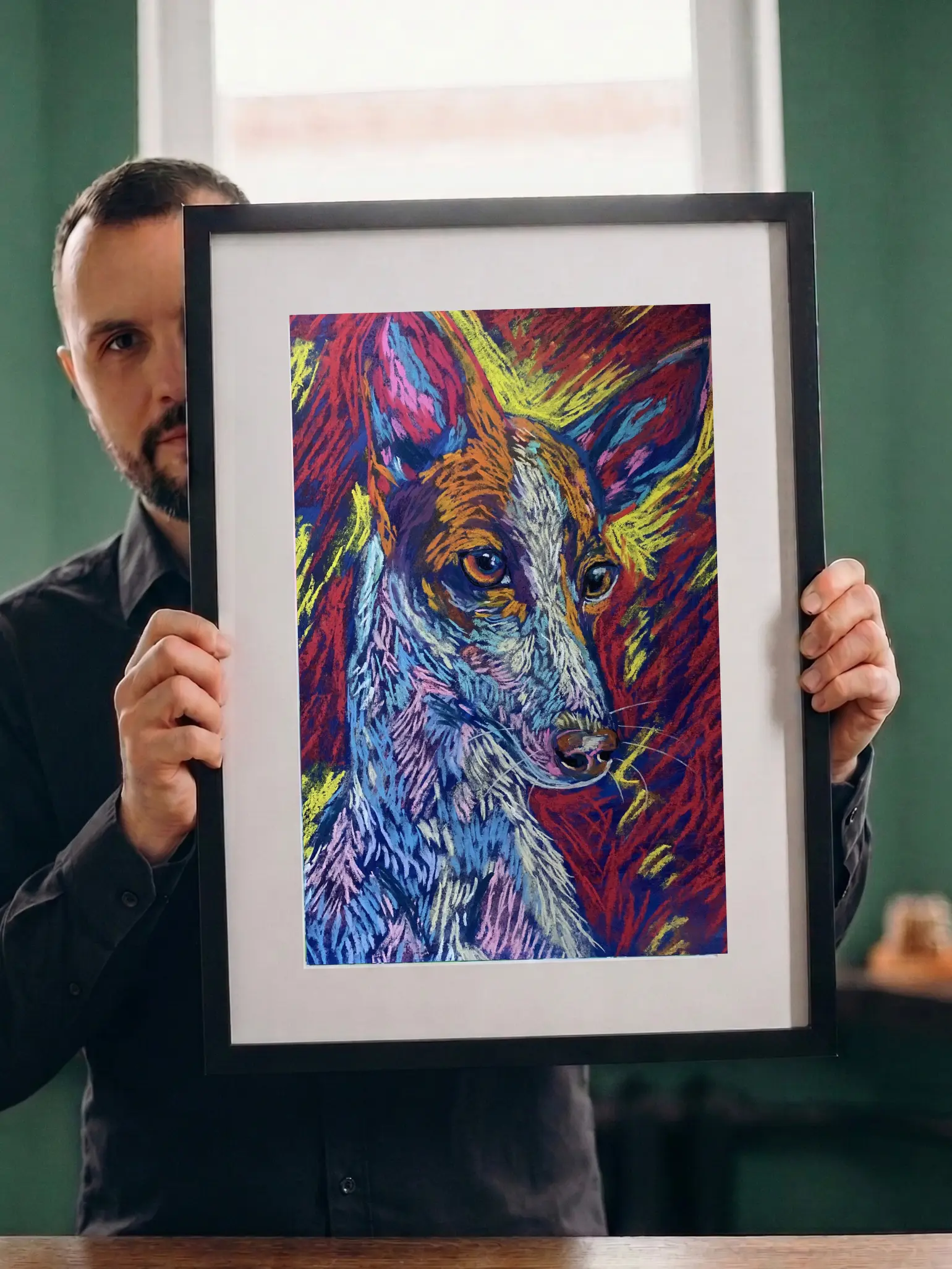 An original expressionist dog portrait painting in soft pastel by Savchenko, showcasing a slender dog with large ears in orange and blue tones against a fiery red and yellow background.