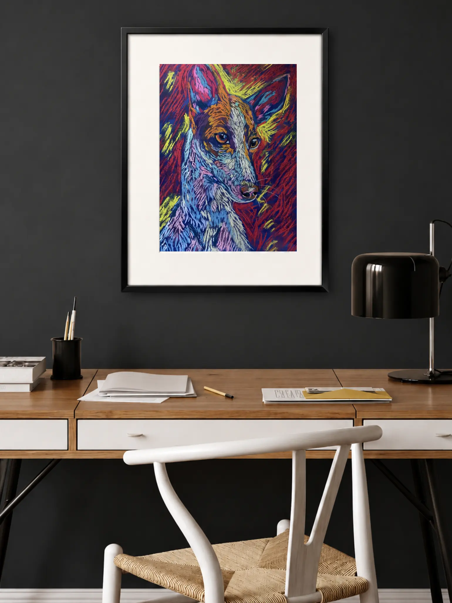 An original expressionist dog portrait painting in soft pastel by Savchenko, showcasing a slender dog with large ears in orange and blue tones against a fiery red and yellow background.
