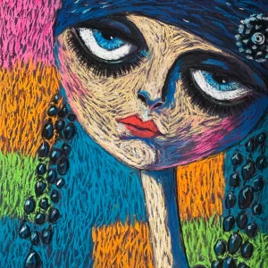An original expressionist female portrait with blue eyes in soft pastel, depicting a woman with large blue eyes, a blue hat, long black earrings, and a colorful textured background.