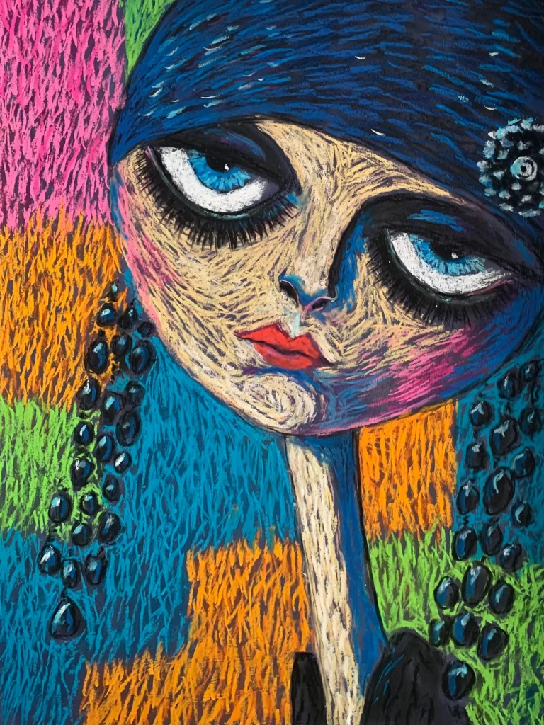 An original expressionist female portrait with blue eyes in soft pastel, depicting a woman with large blue eyes, a blue hat, long black earrings, and a colorful textured background.