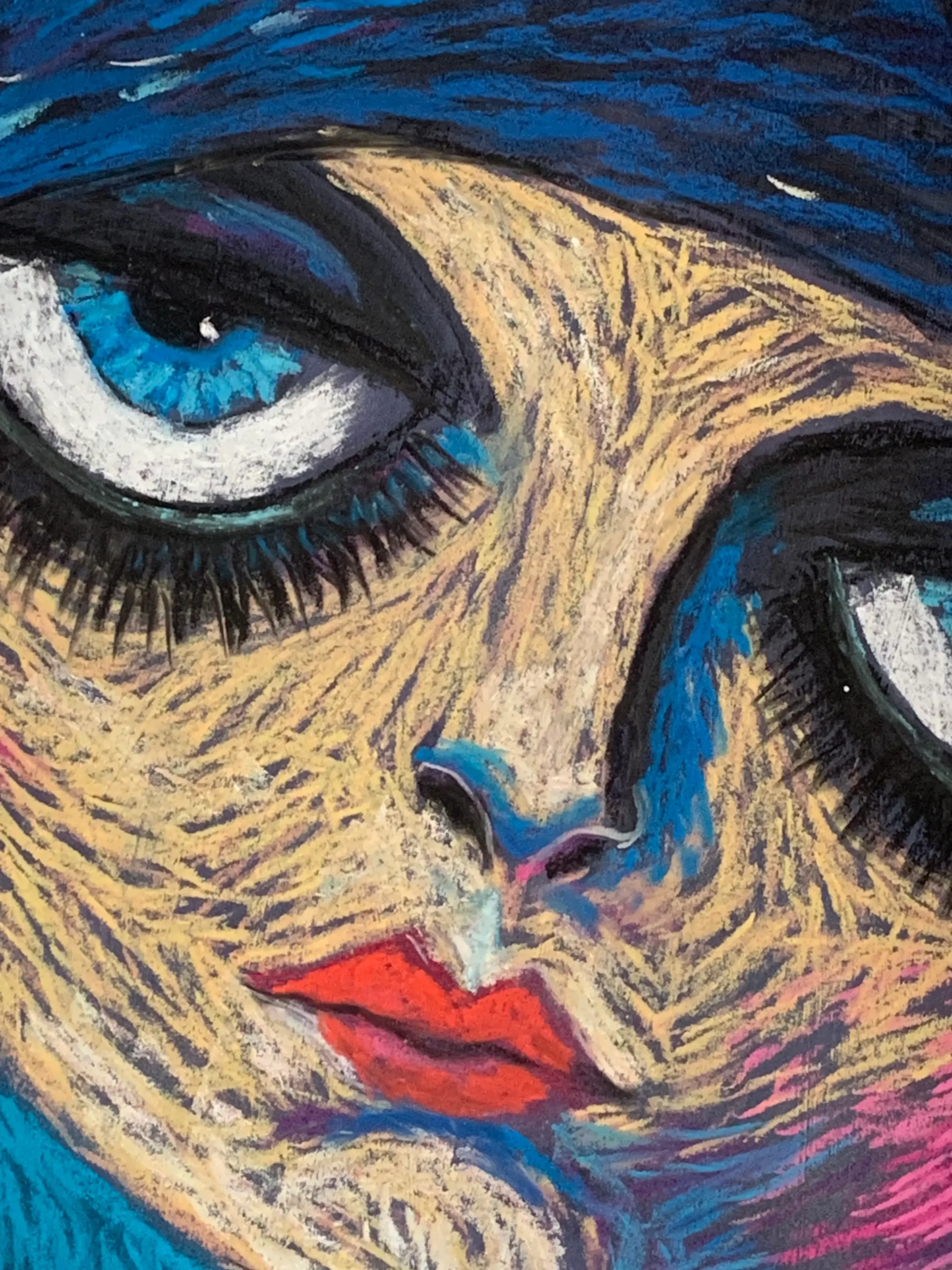An original expressionist female portrait with blue eyes in soft pastel, depicting a woman with large blue eyes, a blue hat, long black earrings, and a colorful textured background.
