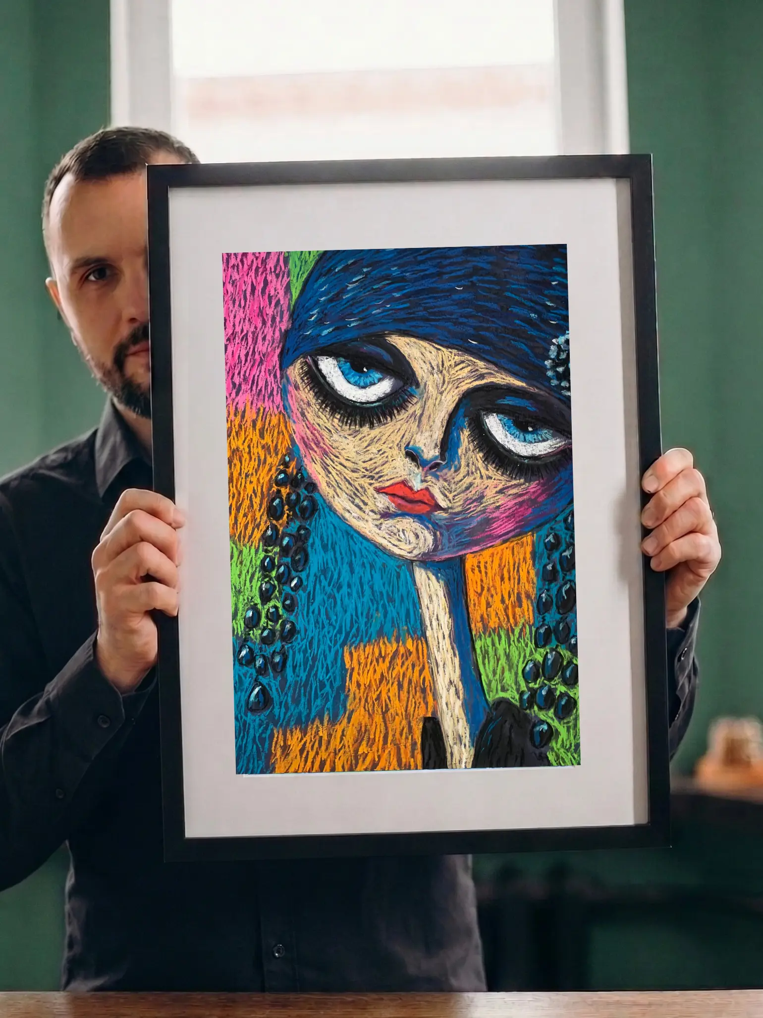 An original expressionist female portrait with blue eyes in soft pastel, depicting a woman with large blue eyes, a blue hat, long black earrings, and a colorful textured background.