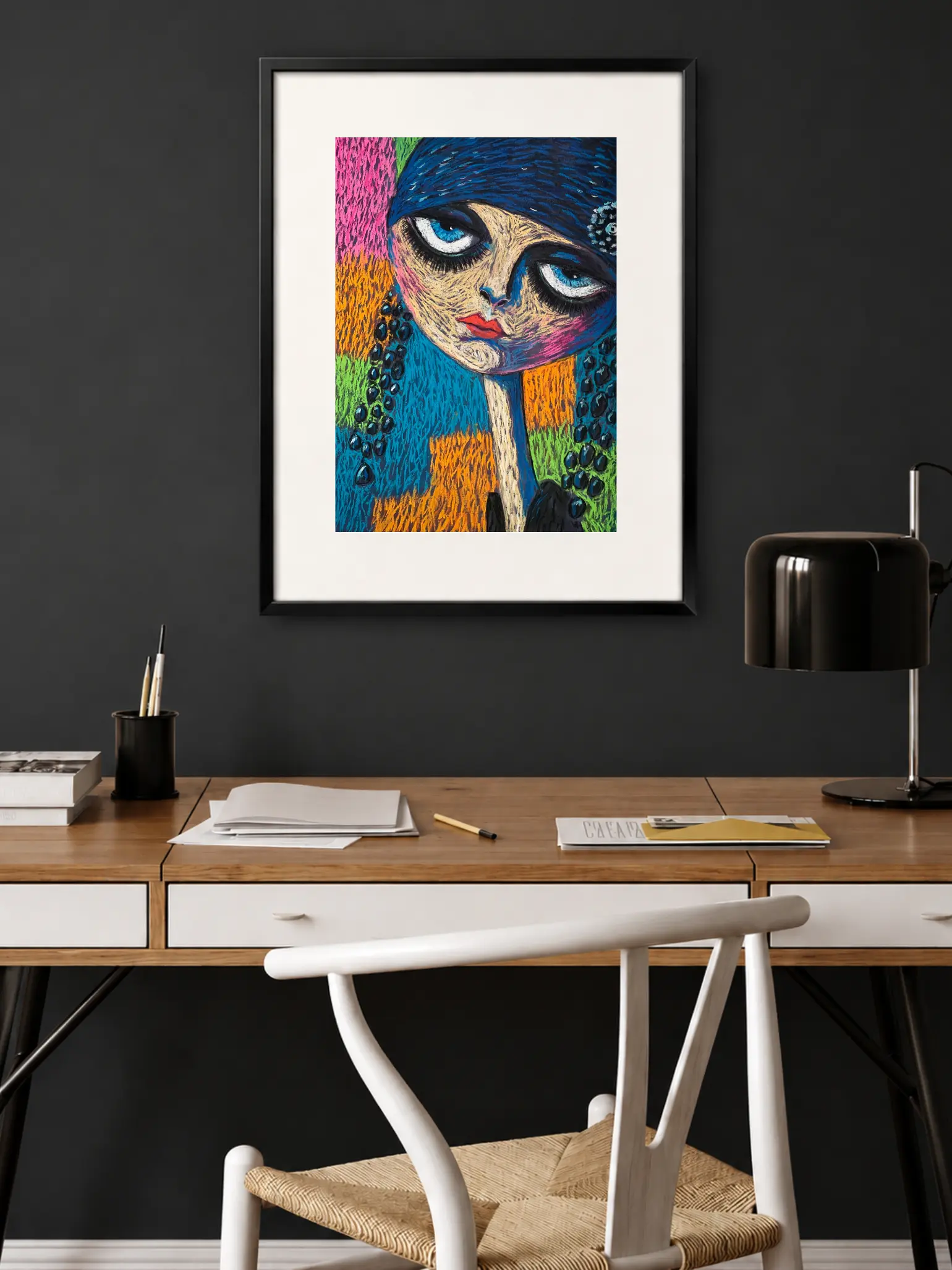 An original expressionist female portrait with blue eyes in soft pastel, depicting a woman with large blue eyes, a blue hat, long black earrings, and a colorful textured background.