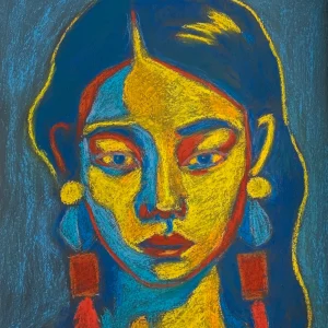 An original expressionist female portrait painting in soft pastel, featuring a woman with a vivid yellow and blue face, large red earrings, and dark blue background.