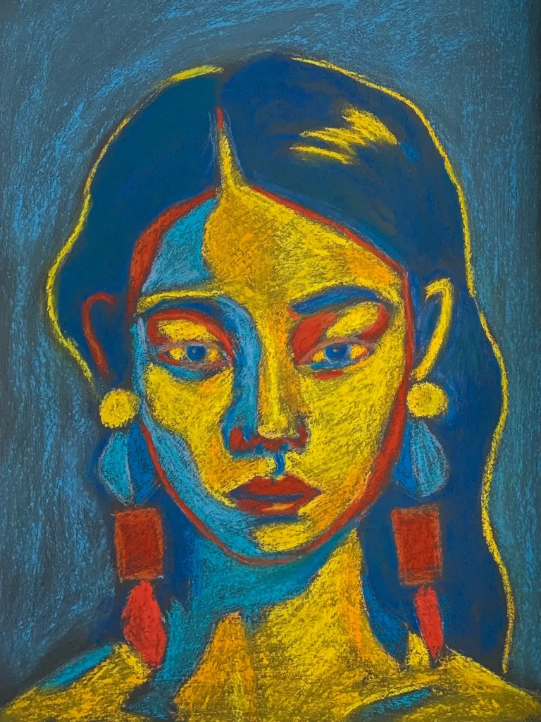 An original expressionist female portrait painting in soft pastel, featuring a woman with a vivid yellow and blue face, large red earrings, and dark blue background.