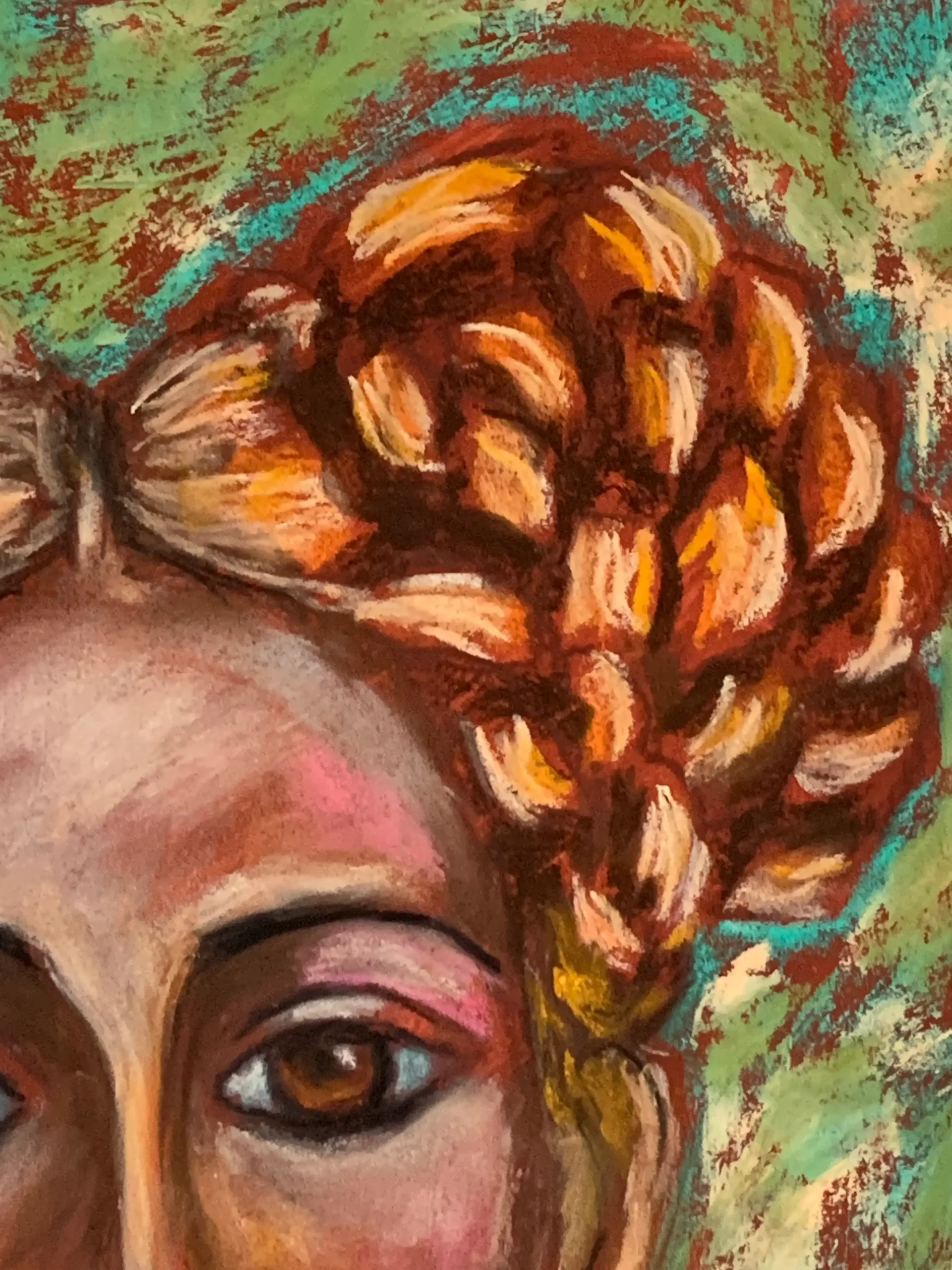 An original expressionist folk woman portrait painting in soft pastel, depicting a woman with braided hair buns, red hoop earrings, and a traditional beaded necklace.