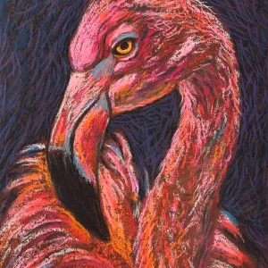 An original expressionist flamingo portrait painting in soft pastel, showcasing a detailed pink bird with an intense yellow eye against a dark textured background.