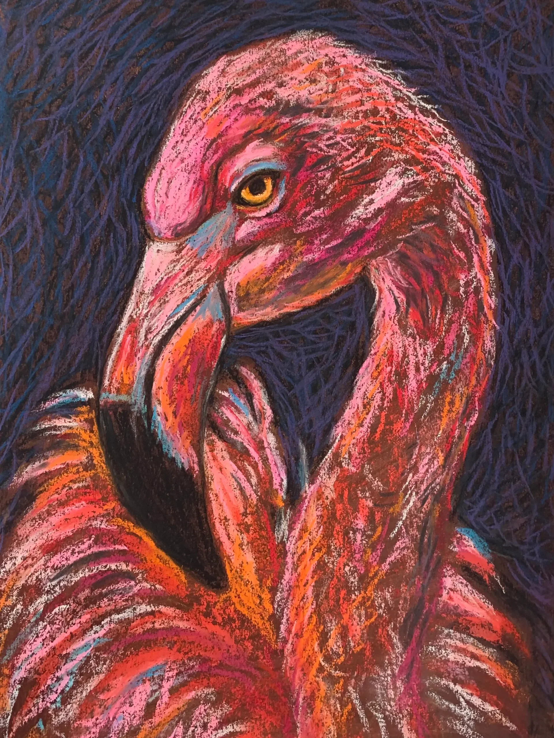 An original expressionist flamingo portrait painting in soft pastel, showcasing a detailed pink bird with an intense yellow eye against a dark textured background.