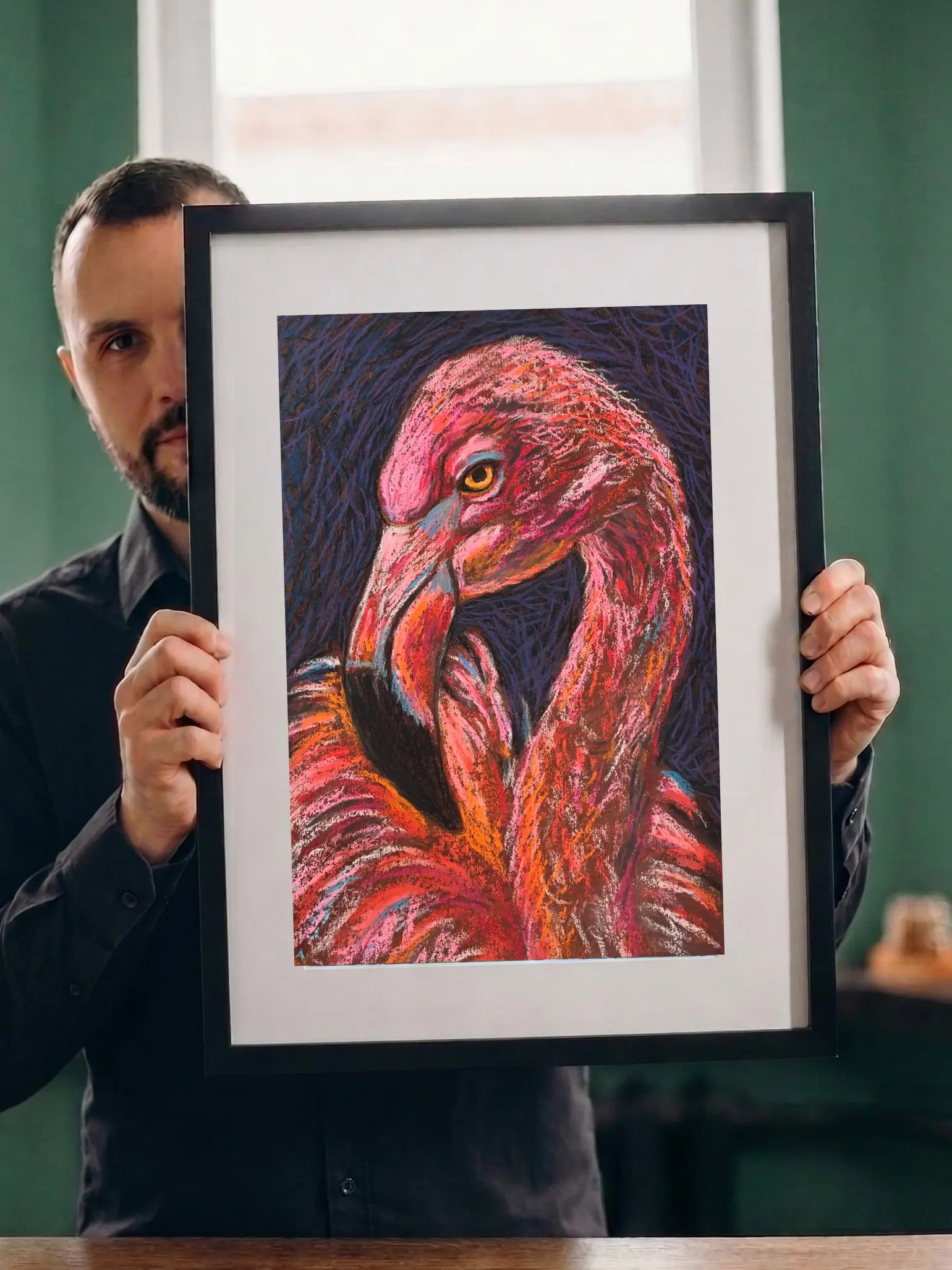An original expressionist flamingo portrait painting in soft pastel, showcasing a detailed pink bird with an intense yellow eye against a dark textured background.