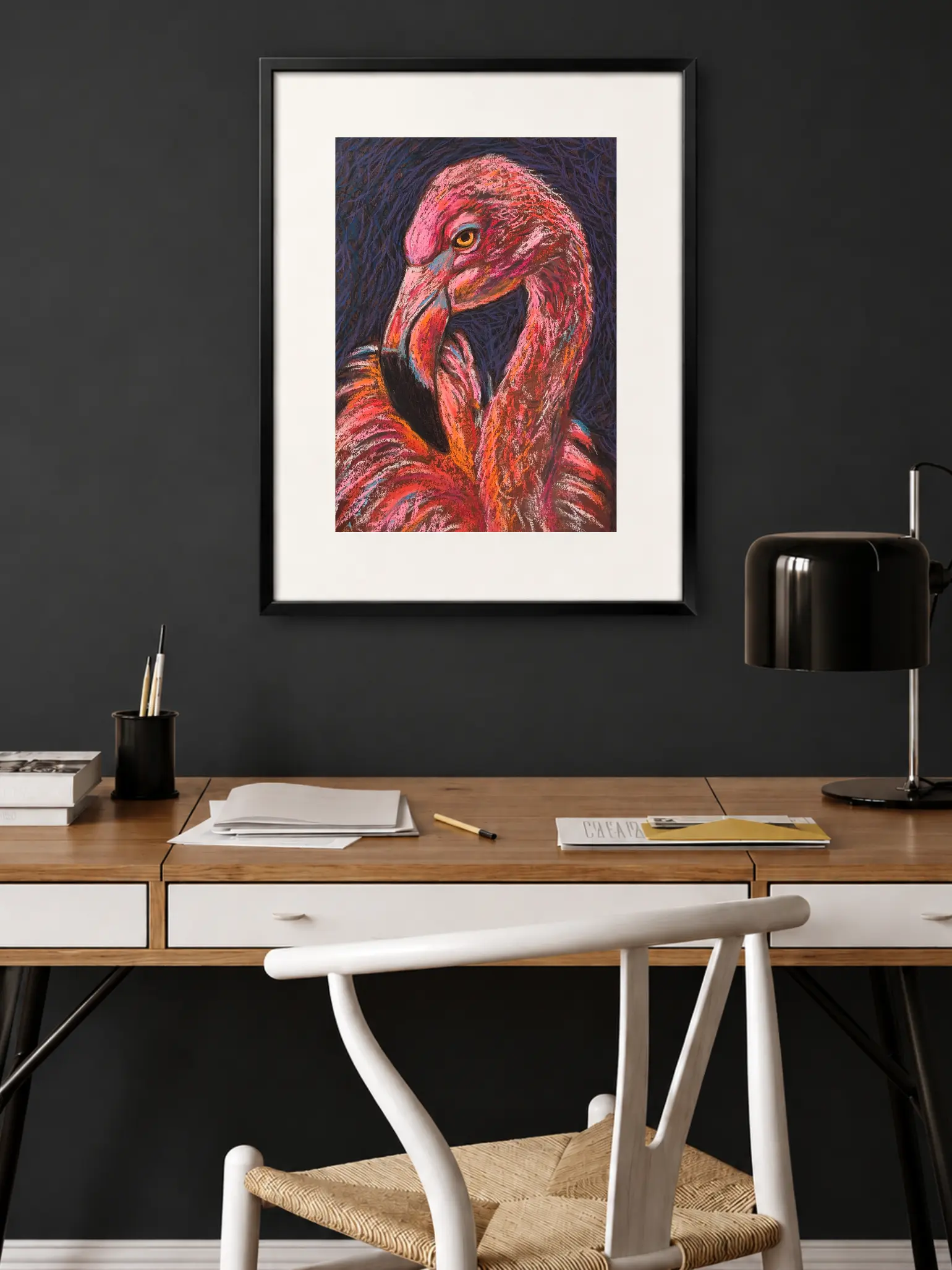 An original expressionist flamingo portrait painting in soft pastel, showcasing a detailed pink bird with an intense yellow eye against a dark textured background.