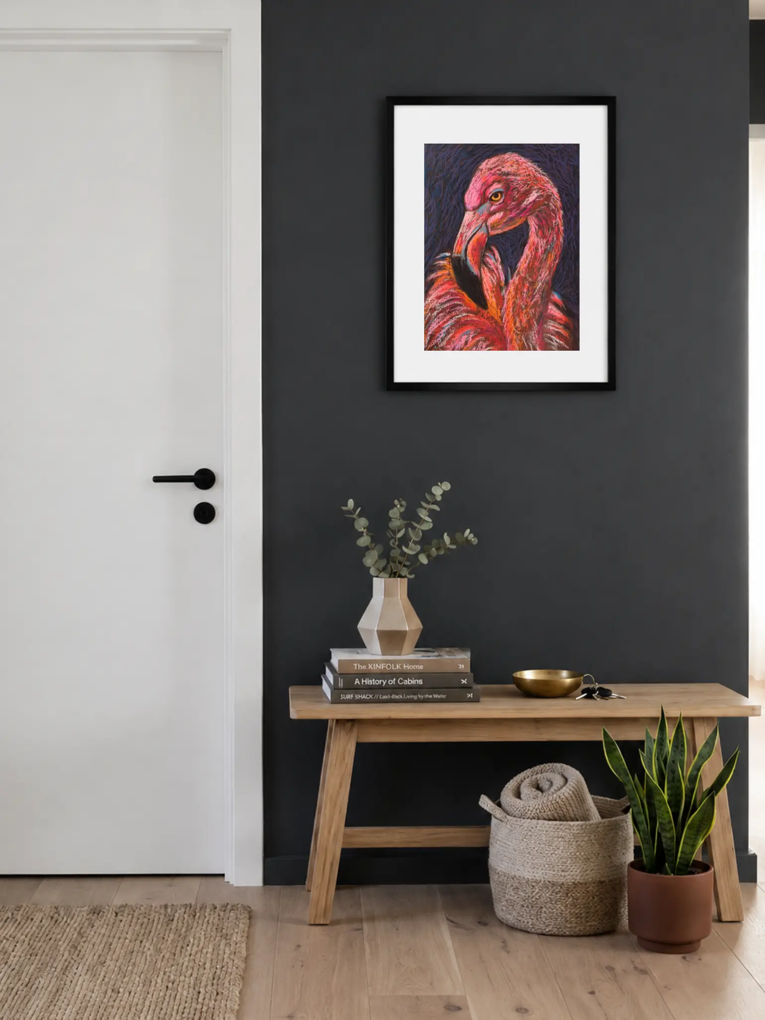 An original expressionist flamingo portrait painting in soft pastel, showcasing a detailed pink bird with an intense yellow eye against a dark textured background.