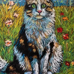 An original expressionist fluffy cat in grass painting in soft pastel by Savchenko, depicting a long-haired cat with bright green eyes sitting in a colorful meadow of wildflowers near a blue water background.