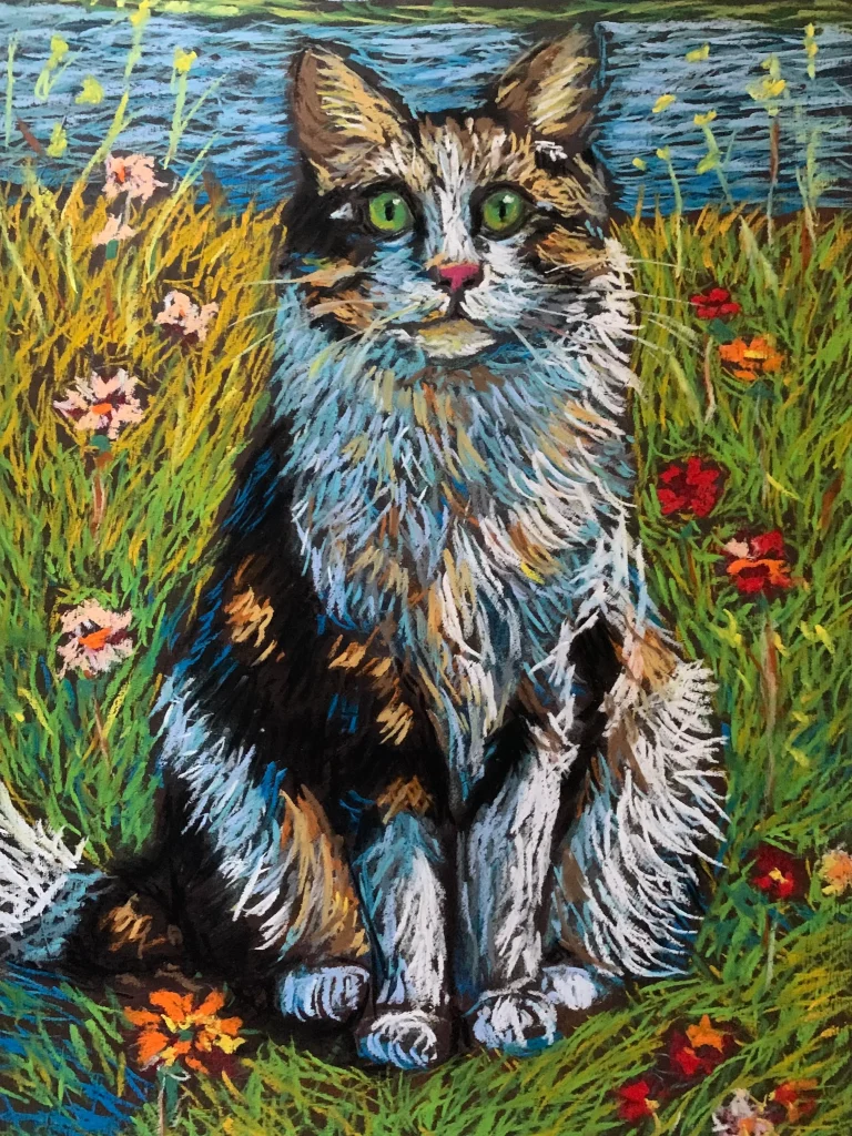 An original expressionist fluffy cat in grass painting in soft pastel by Savchenko, depicting a long-haired cat with bright green eyes sitting in a colorful meadow of wildflowers near a blue water background.