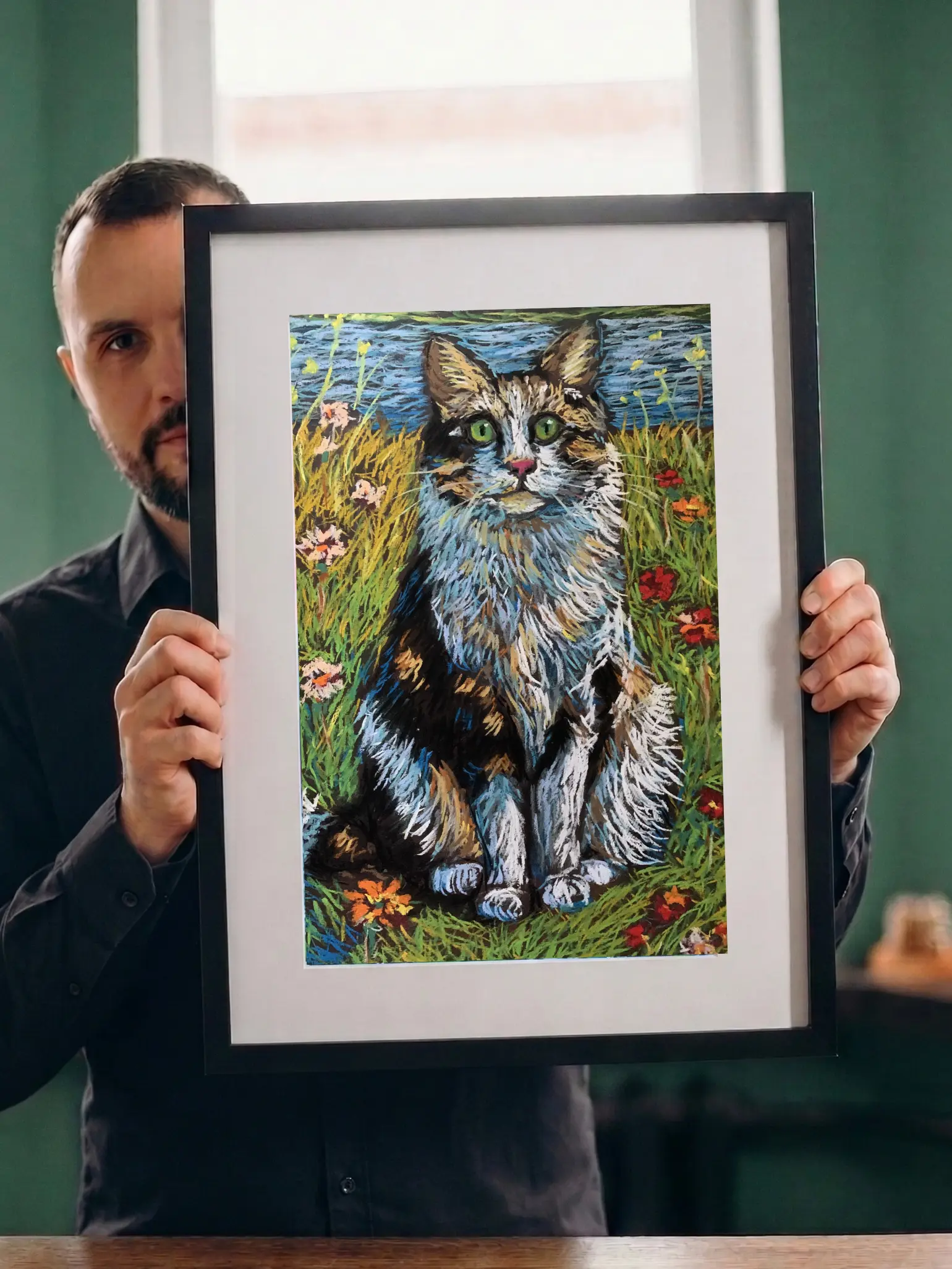 An original expressionist fluffy cat in grass painting in soft pastel by Savchenko, depicting a long-haired cat with bright green eyes sitting in a colorful meadow of wildflowers near a blue water background.