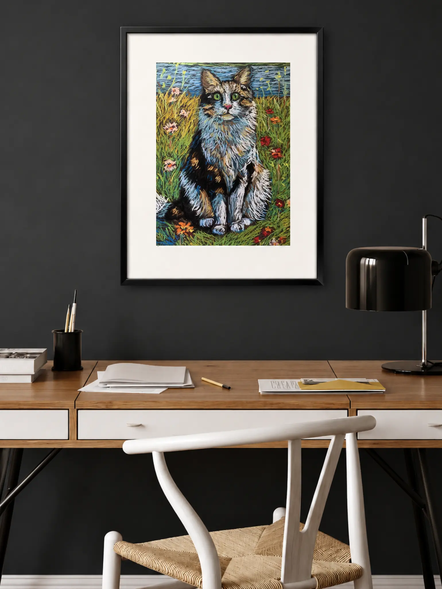 An original expressionist fluffy cat in grass painting in soft pastel by Savchenko, depicting a long-haired cat with bright green eyes sitting in a colorful meadow of wildflowers near a blue water background.