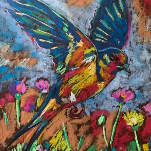 An original expressionist flying colorful bird painting in soft pastel, depicting a multicolored bird soaring over a meadow of pink and yellow flowers.