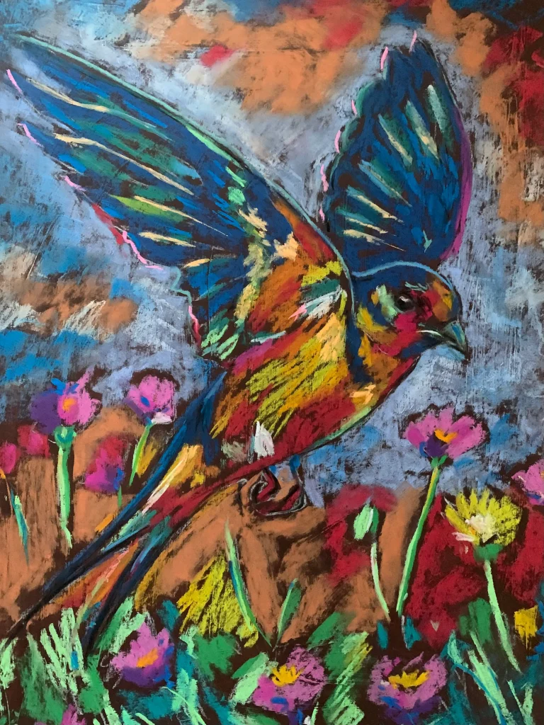 An original expressionist flying colorful bird painting in soft pastel, depicting a multicolored bird soaring over a meadow of pink and yellow flowers.