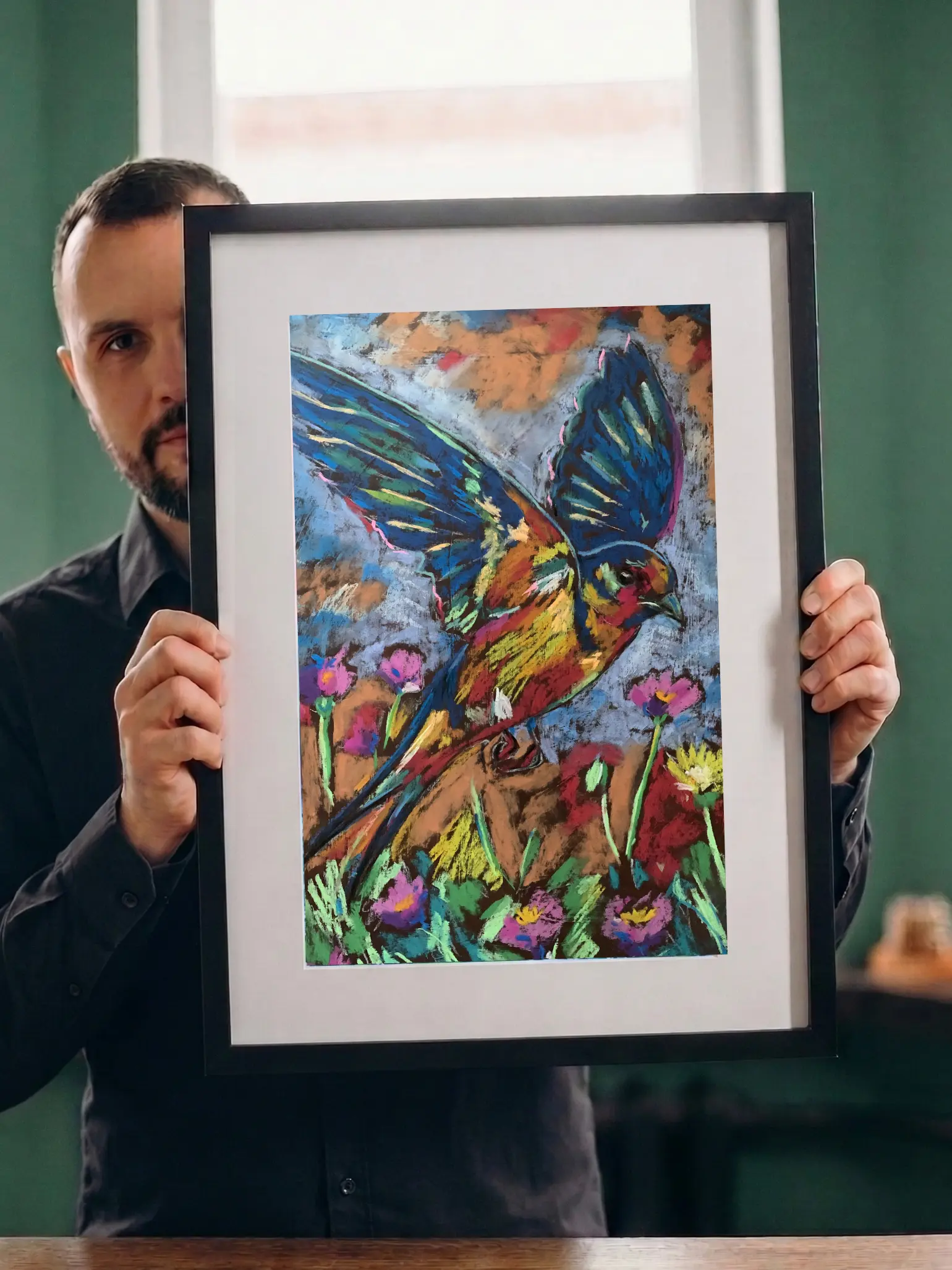 An original expressionist flying colorful bird painting in soft pastel, depicting a multicolored bird soaring over a meadow of pink and yellow flowers.