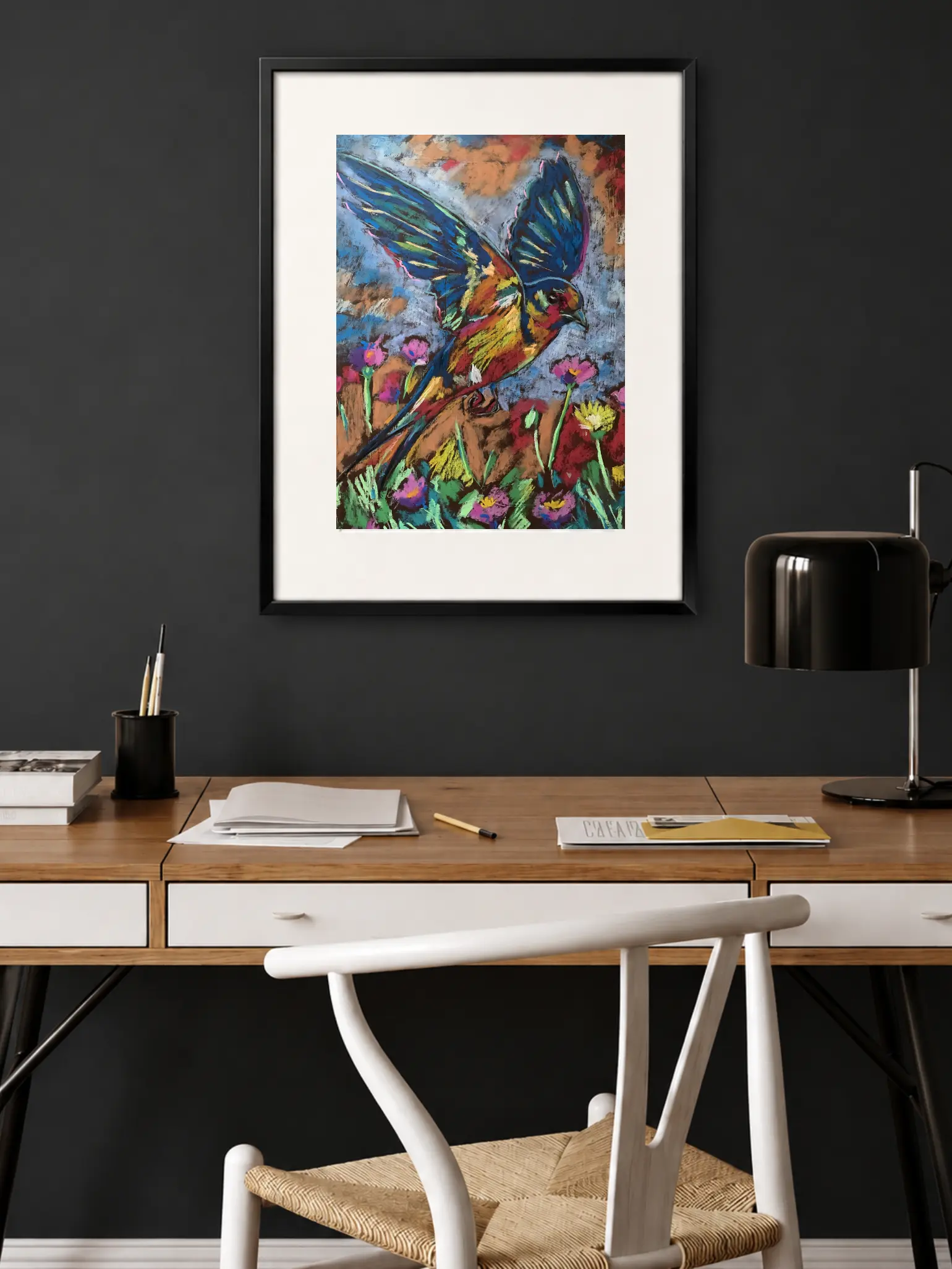 An original expressionist flying colorful bird painting in soft pastel, depicting a multicolored bird soaring over a meadow of pink and yellow flowers.