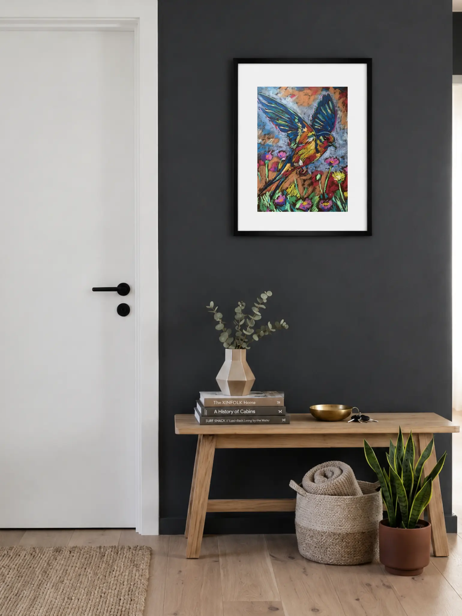 An original expressionist flying colorful bird painting in soft pastel, depicting a multicolored bird soaring over a meadow of pink and yellow flowers.