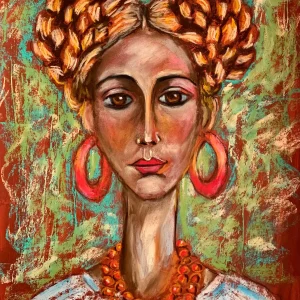 An original expressionist folk woman portrait painting in soft pastel, depicting a woman with braided hair buns, red hoop earrings, and a traditional beaded necklace.