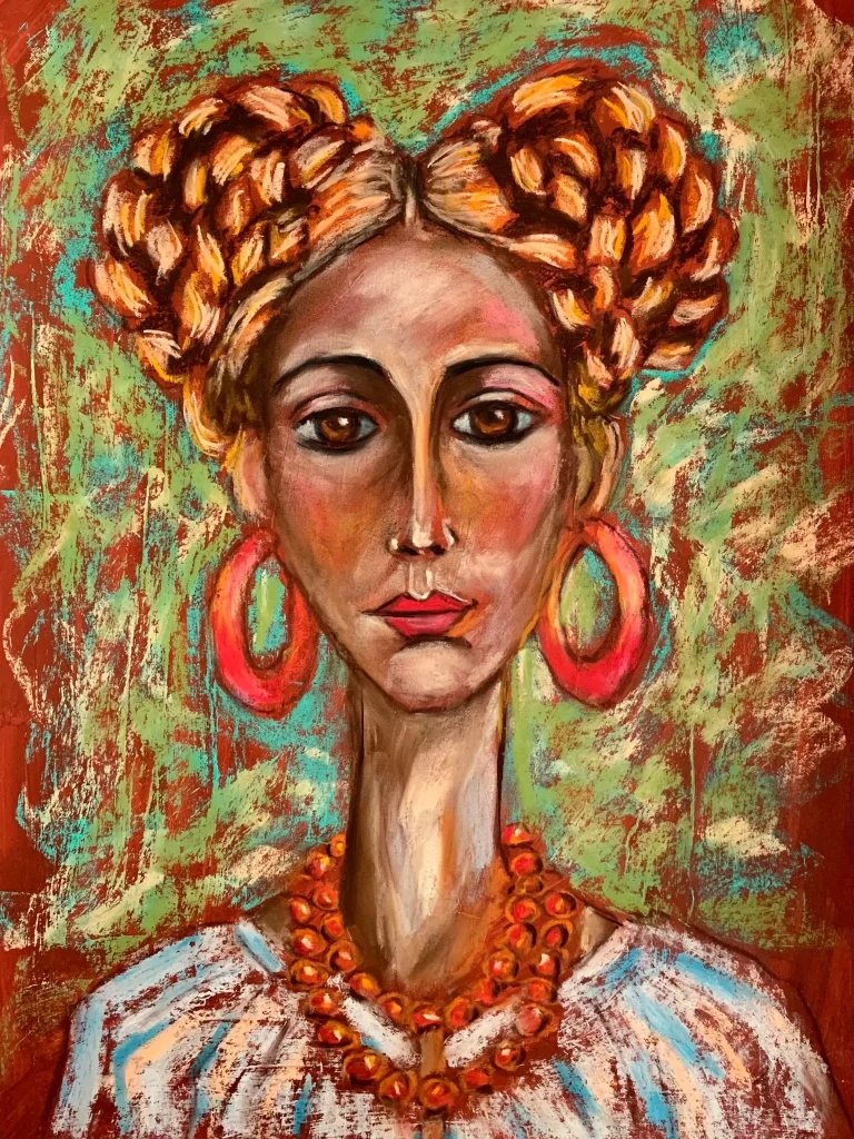 An original expressionist folk woman portrait painting in soft pastel, depicting a woman with braided hair buns, red hoop earrings, and a traditional beaded necklace.