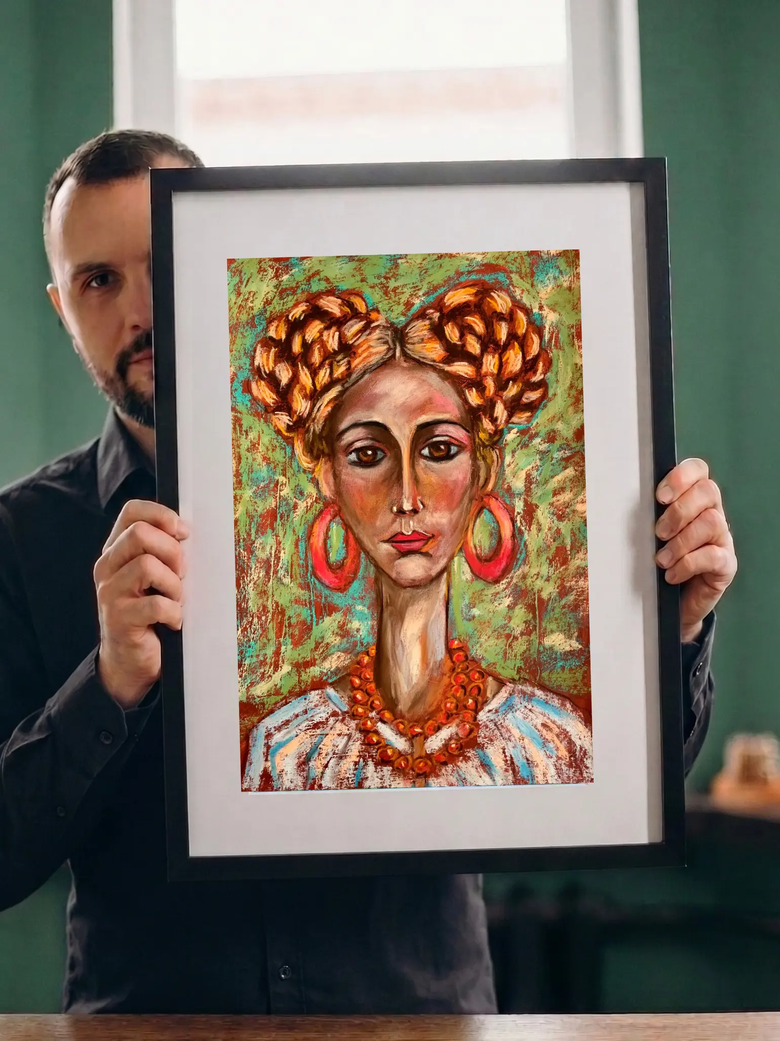 An original expressionist folk woman portrait painting in soft pastel, depicting a woman with braided hair buns, red hoop earrings, and a traditional beaded necklace.