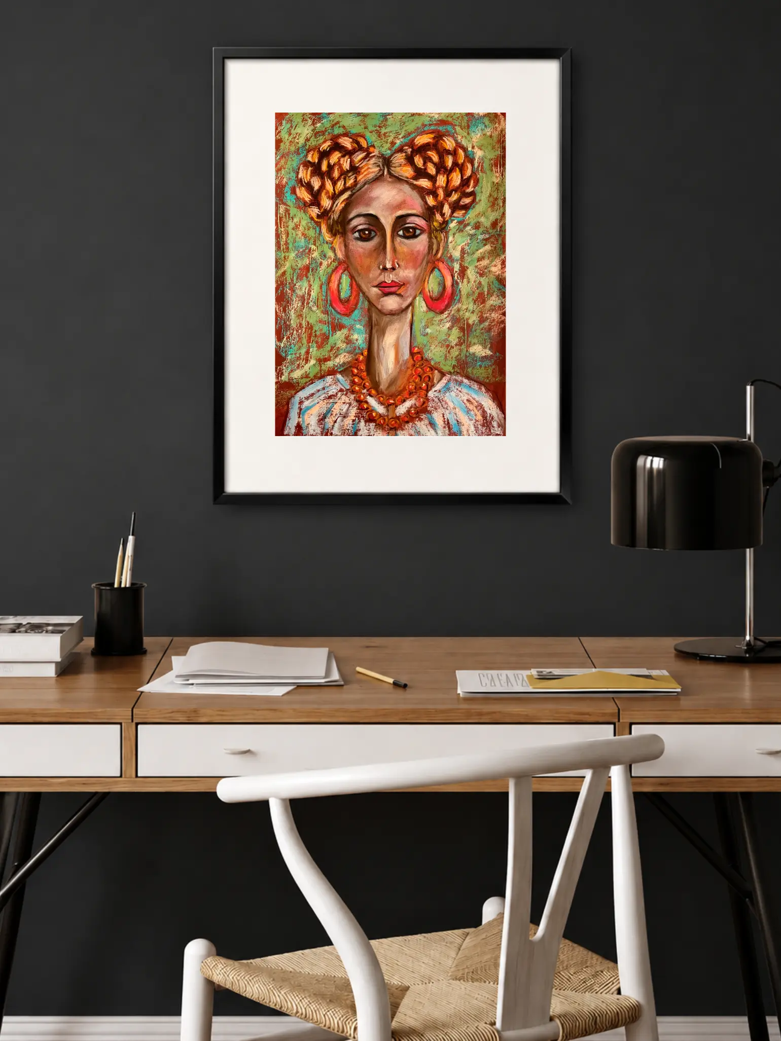 An original expressionist folk woman portrait painting in soft pastel, depicting a woman with braided hair buns, red hoop earrings, and a traditional beaded necklace.