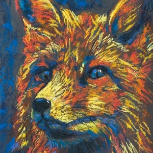 An original expressionist fox portrait painting in soft pastel, showcasing a colorful fox face with textured orange, yellow, and red strokes against a dark blue background.