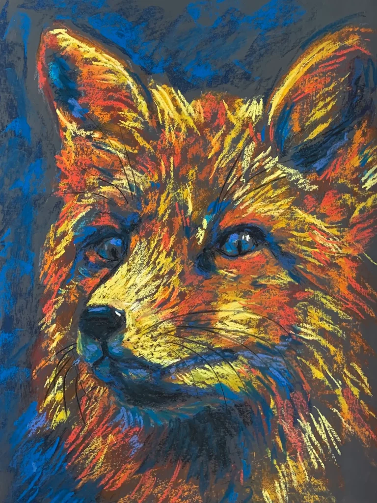 An original expressionist fox portrait painting in soft pastel, showcasing a colorful fox face with textured orange, yellow, and red strokes against a dark blue background.