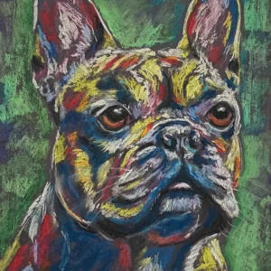 An original expressionist French Bulldog painting in soft pastel, depicting a textured multicolored bulldog head against a deep green background.