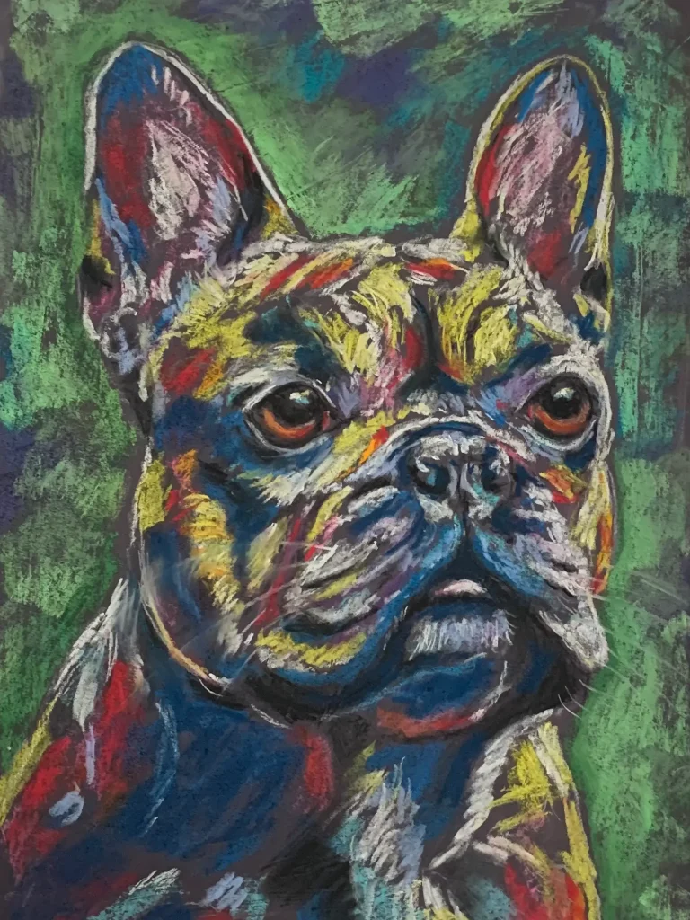 An original expressionist French Bulldog painting in soft pastel, depicting a textured multicolored bulldog head against a deep green background.