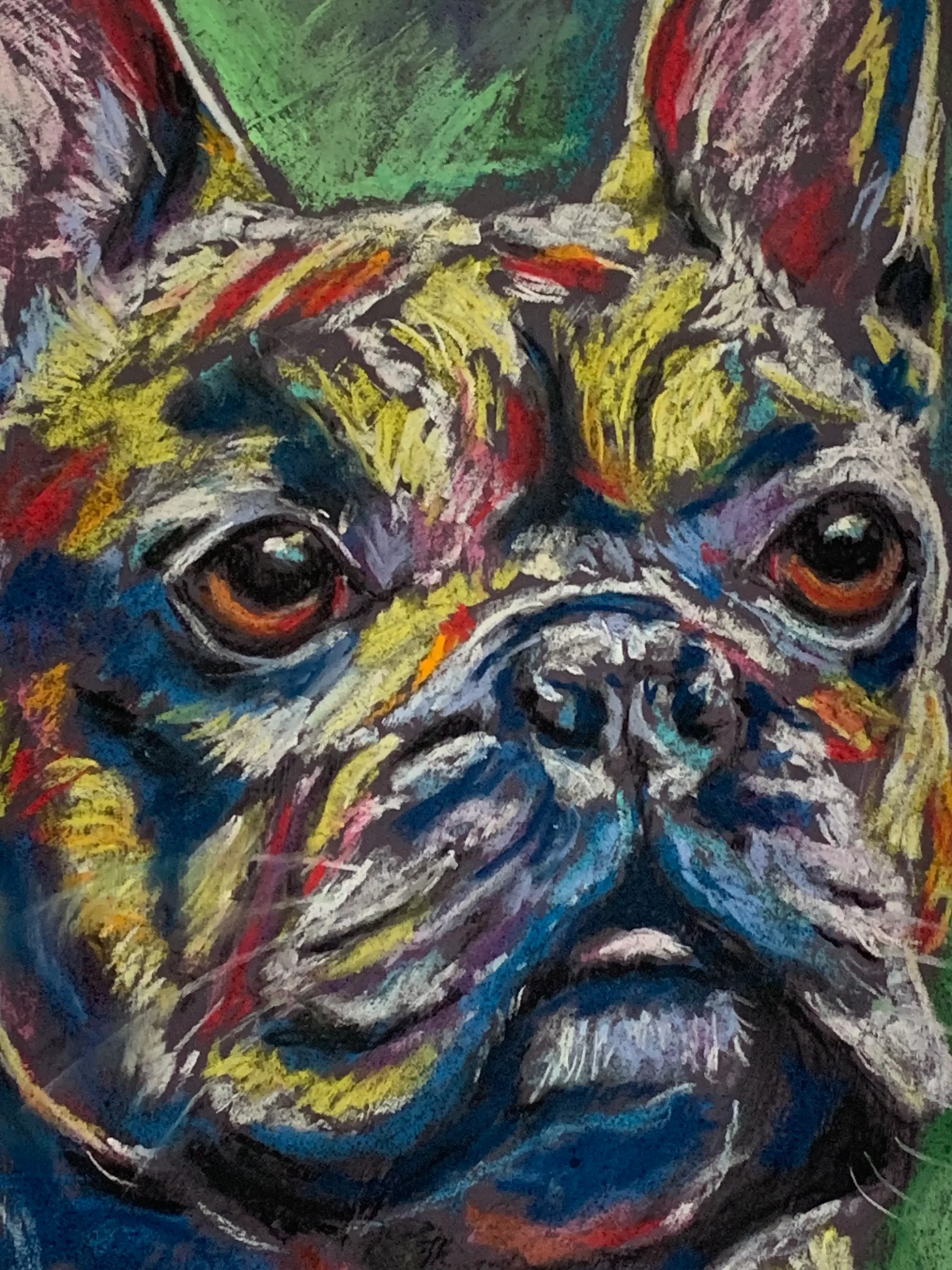 An original expressionist French Bulldog painting in soft pastel, depicting a textured multicolored bulldog head against a deep green background.