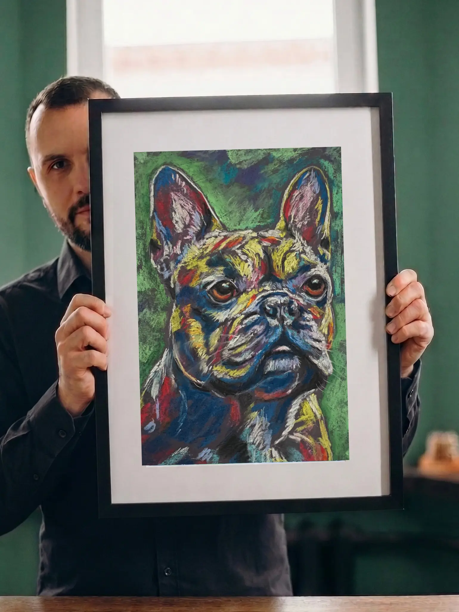 An original expressionist French Bulldog painting in soft pastel, depicting a textured multicolored bulldog head against a deep green background.