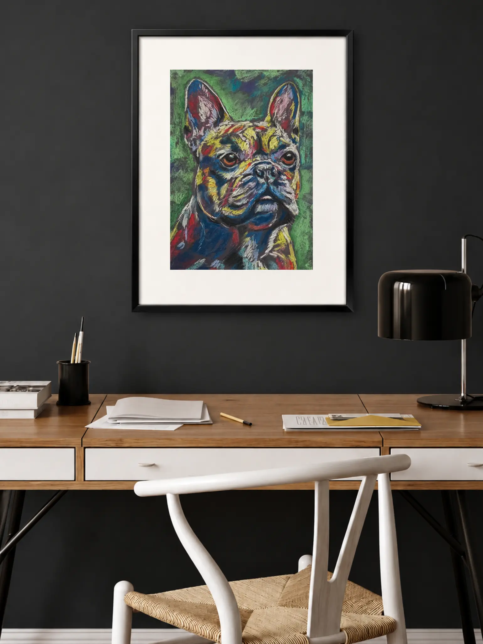 An original expressionist French Bulldog painting in soft pastel, depicting a textured multicolored bulldog head against a deep green background.