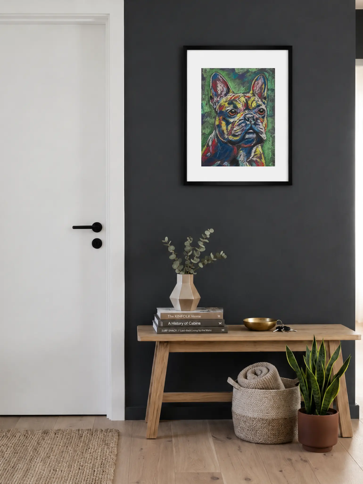 An original expressionist French Bulldog painting in soft pastel, depicting a textured multicolored bulldog head against a deep green background.