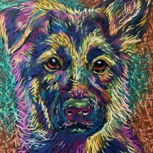 An original expressionist soft pastel painting of a German Shepherd puppy's portrait, featuring textured layers of vibrant blue, orange, purple, and green colors against a swirling dark background.