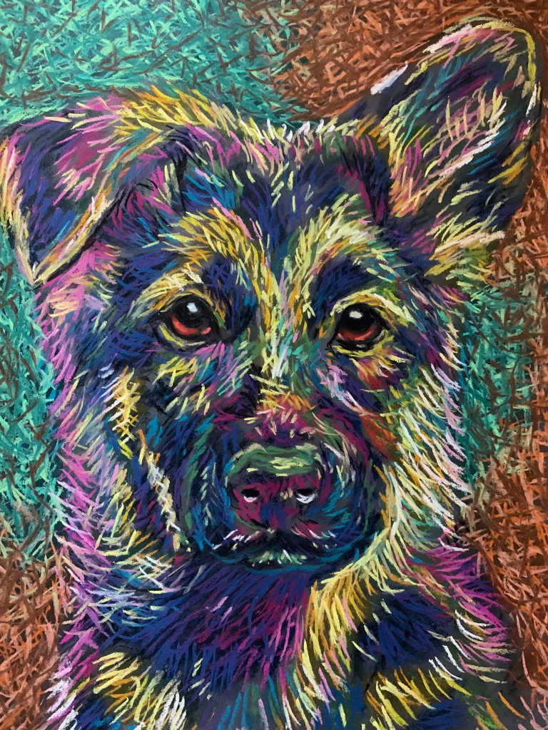 An original expressionist soft pastel painting of a German Shepherd puppy's portrait, featuring textured layers of vibrant blue, orange, purple, and green colors against a swirling dark background.