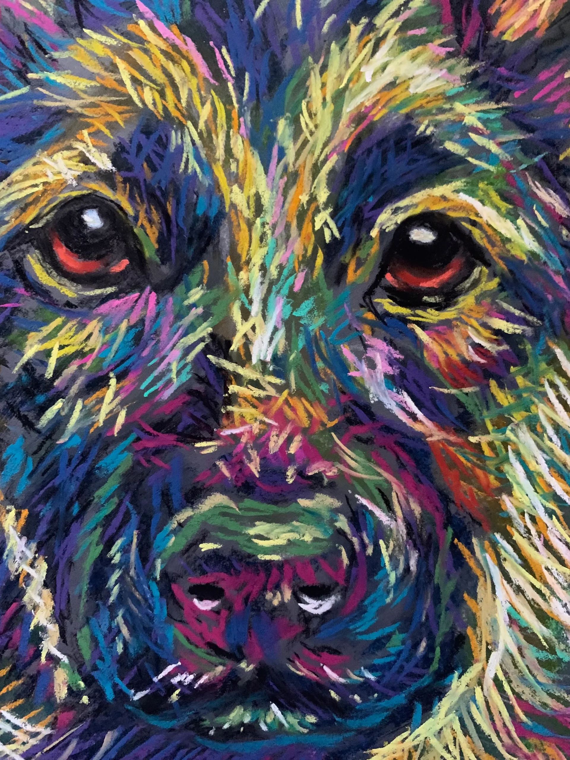 An original expressionist soft pastel painting of a German Shepherd puppy's portrait, featuring textured layers of vibrant blue, orange, purple, and green colors against a swirling dark background.