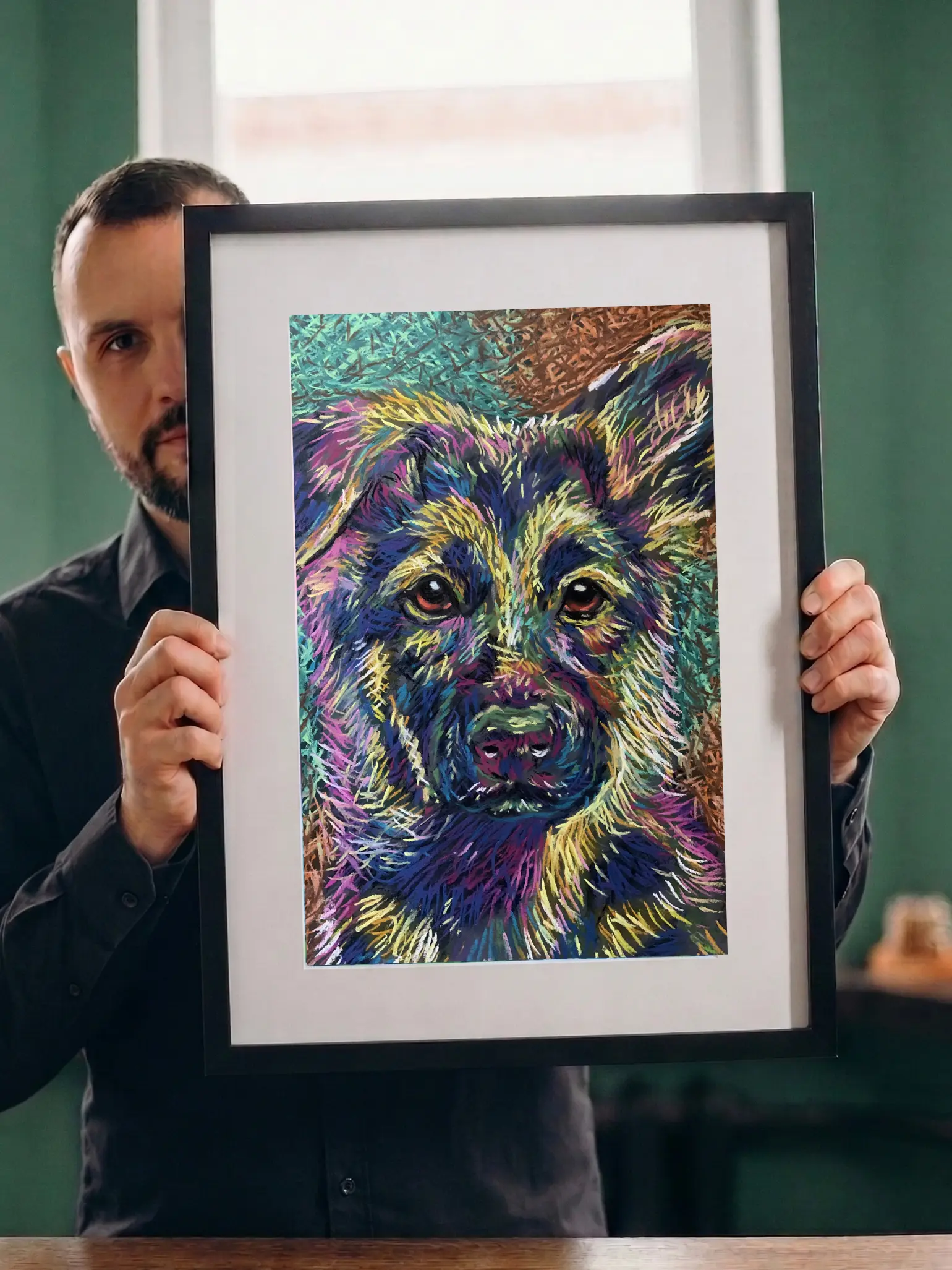 An original expressionist soft pastel painting of a German Shepherd puppy's portrait, featuring textured layers of vibrant blue, orange, purple, and green colors against a swirling dark background.