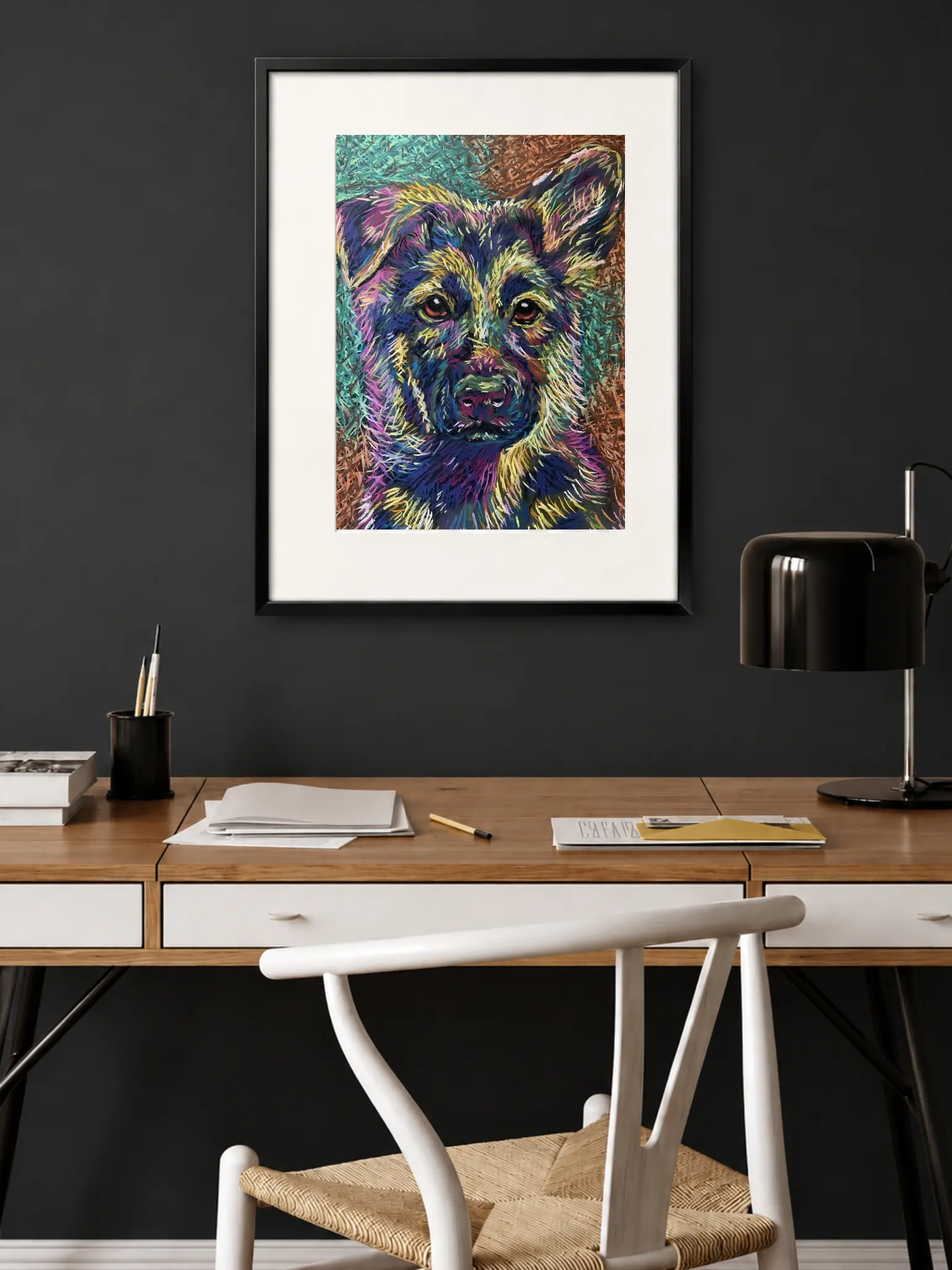 An original expressionist soft pastel painting of a German Shepherd puppy's portrait, featuring textured layers of vibrant blue, orange, purple, and green colors against a swirling dark background.